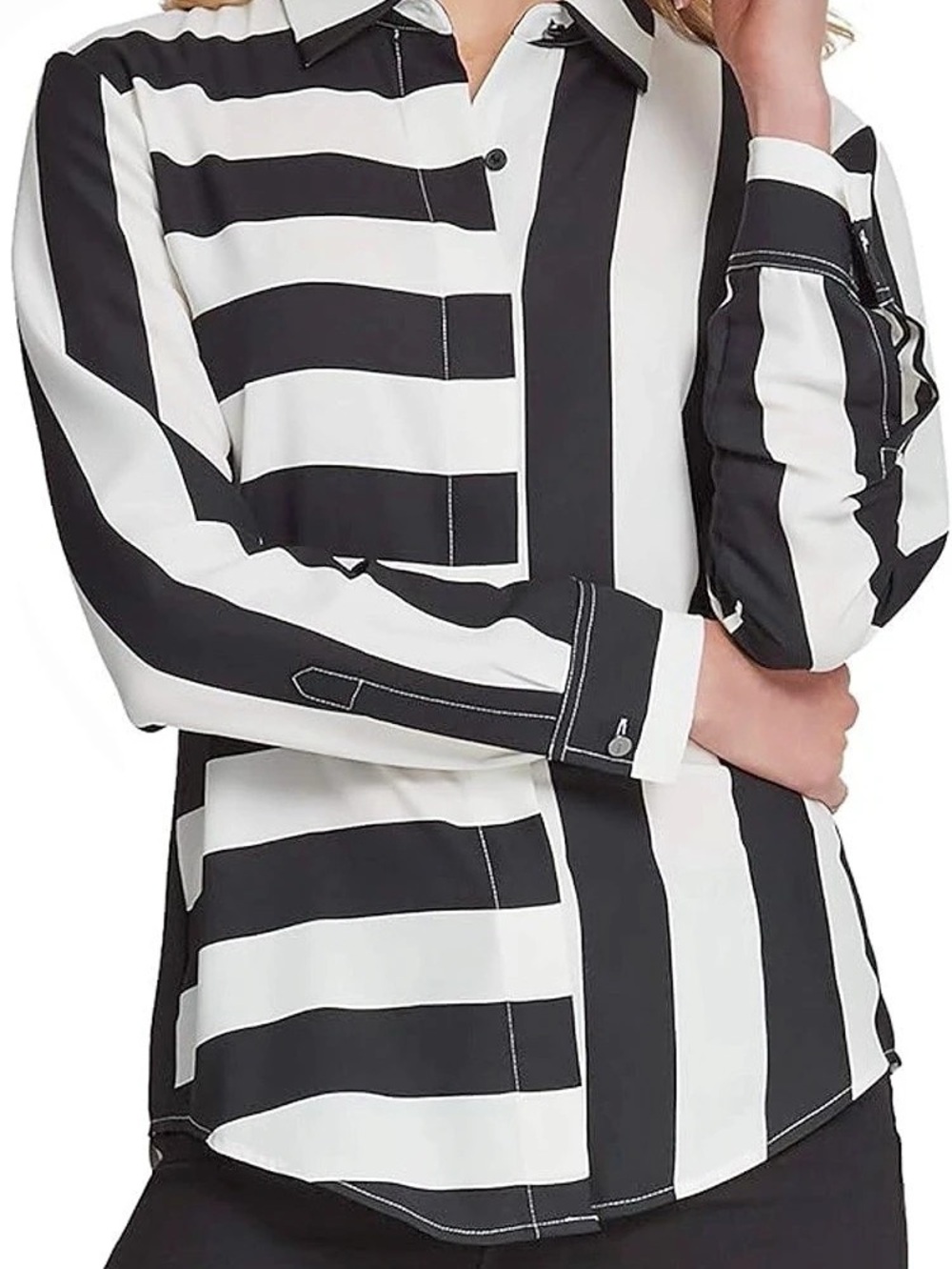 DKNY Black/White Bold Striped Button Down Blouse Top (S)